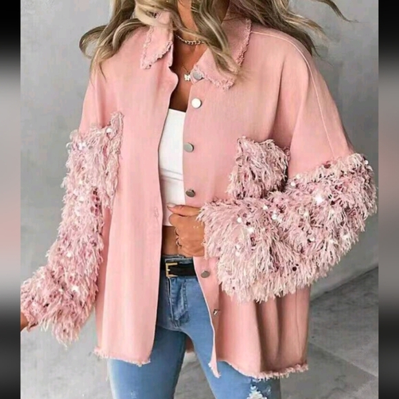 Spring & Fall Turn-Down Collar Contrast Sequin Raw Hem Button Front Shack - Picture 2 of 6